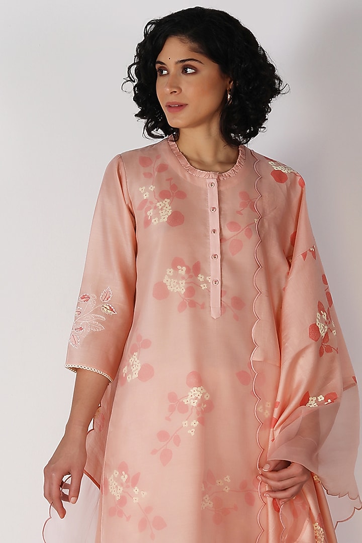 Old Rose Silk Chanderi Printed & Embroidered Tunic Set by Arcvsh by Pallavi Singh at Pernia's Pop Up Shop