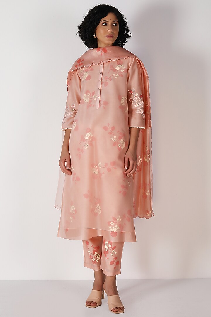 Old Rose Silk Chanderi Printed & Embroidered Tunic Set by Arcvsh by Pallavi Singh at Pernia's Pop Up Shop