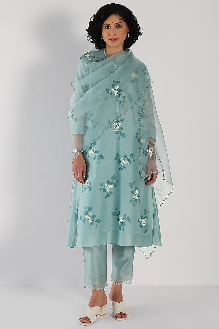 Mint Silk Chanderi Printed & Embroidered Tunic Set by Arcvsh by Pallavi Singh at Pernia's Pop Up Shop