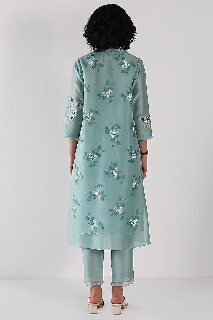 Mint Silk Chanderi Printed & Embroidered Tunic Set by Arcvsh by Pallavi Singh at Pernia's Pop Up Shop