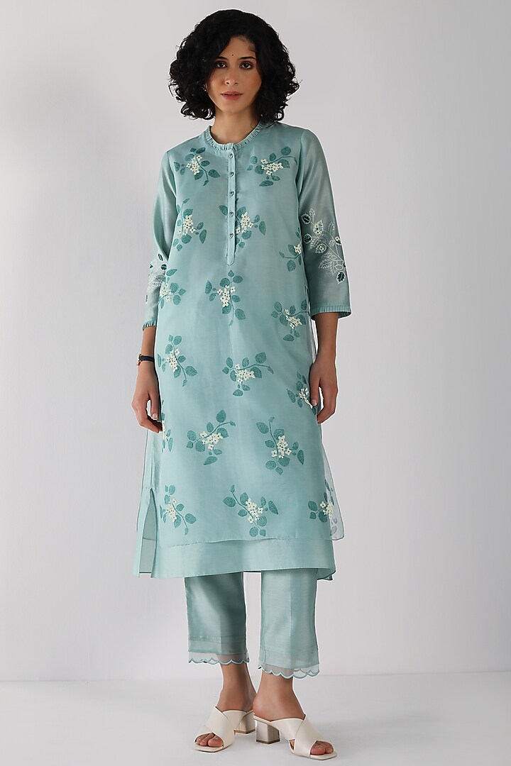 Mint Silk Chanderi Printed & Embroidered Tunic Set by Arcvsh by Pallavi Singh at Pernia's Pop Up Shop
