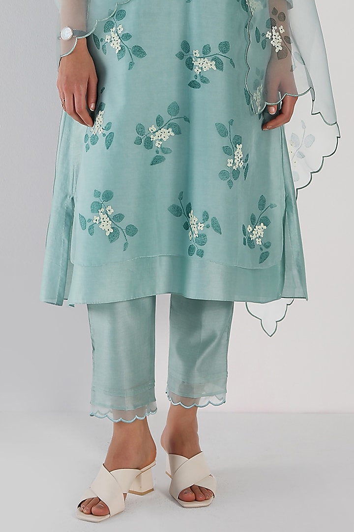Mint Silk Chanderi Printed & Embroidered Tunic Set by Arcvsh by Pallavi Singh at Pernia's Pop Up Shop