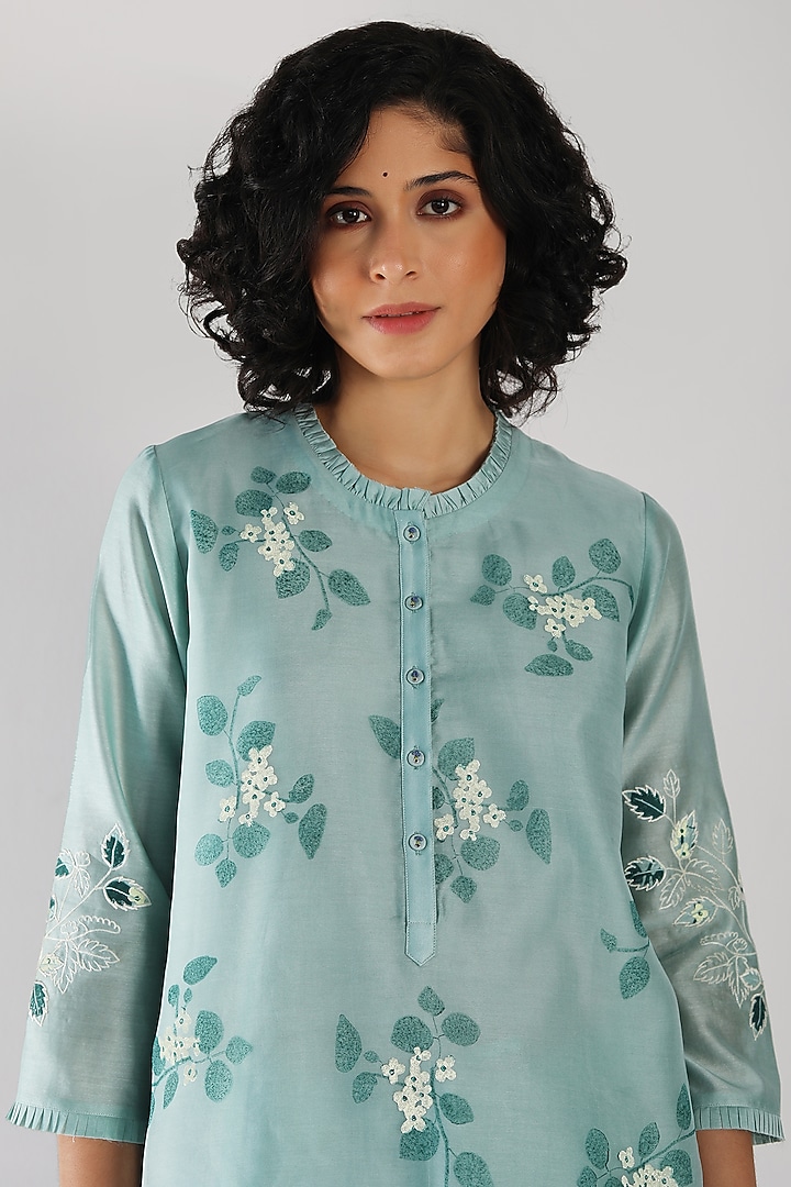 Mint Silk Chanderi Printed & Embroidered Tunic Set by Arcvsh by Pallavi Singh at Pernia's Pop Up Shop