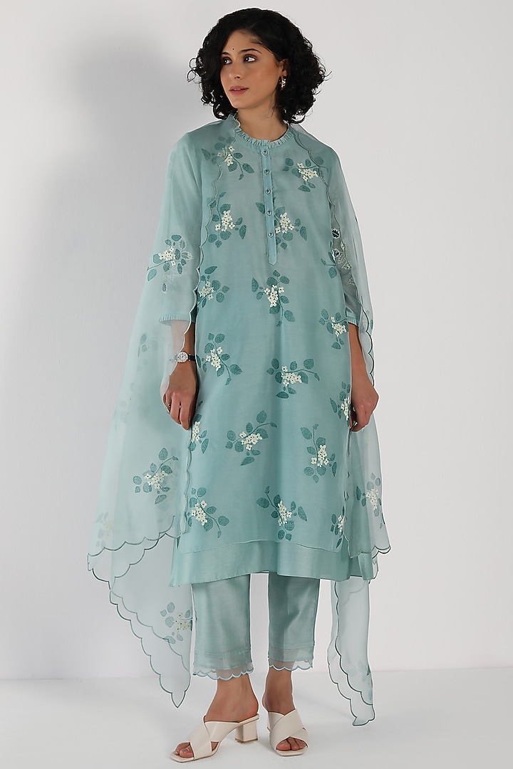 Mint Silk Chanderi Printed & Embroidered Tunic Set by Arcvsh by Pallavi Singh at Pernia's Pop Up Shop