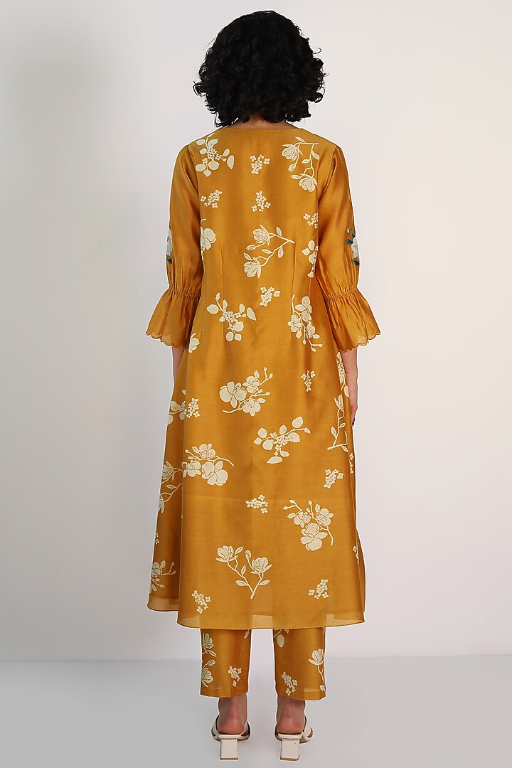 Ochre Yellow Silk Chanderi Printed & Embroidered Tunic Set by Arcvsh by Pallavi Singh at Pernia's Pop Up Shop