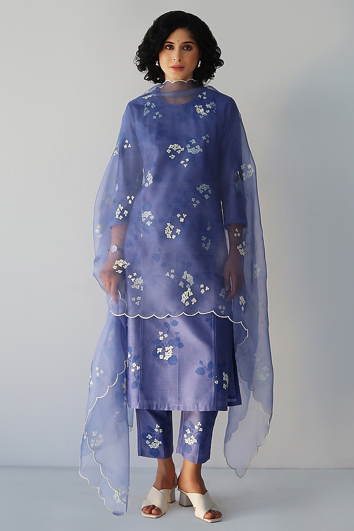 Twilight Blue Silk Chanderi Printed & Embroidered Tunic Set by Arcvsh by Pallavi Singh at Pernia's Pop Up Shop