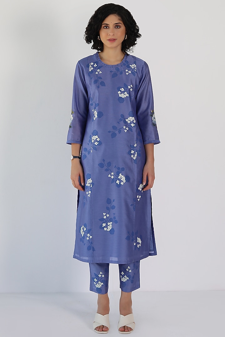 Twilight Blue Silk Chanderi Printed & Embroidered Tunic Set by Arcvsh by Pallavi Singh at Pernia's Pop Up Shop