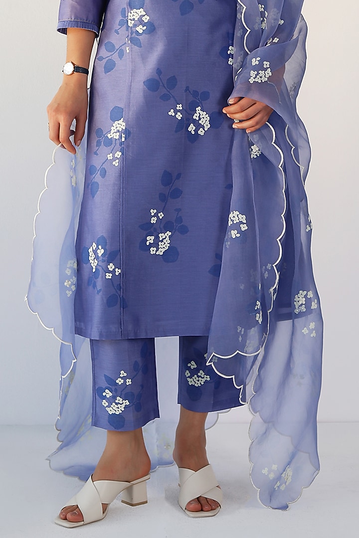 Twilight Blue Silk Chanderi Printed & Embroidered Tunic Set by Arcvsh by Pallavi Singh at Pernia's Pop Up Shop
