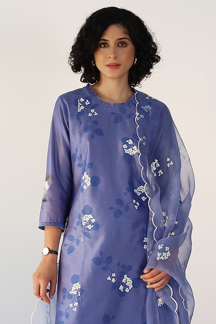 Twilight Blue Silk Chanderi Printed & Embroidered Tunic Set by Arcvsh by Pallavi Singh at Pernia's Pop Up Shop