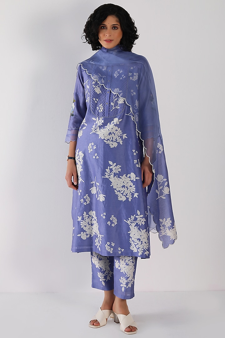 Twilight Blue Silk Chanderi Printed & Embroidered Tunic Set by Arcvsh by Pallavi Singh at Pernia's Pop Up Shop