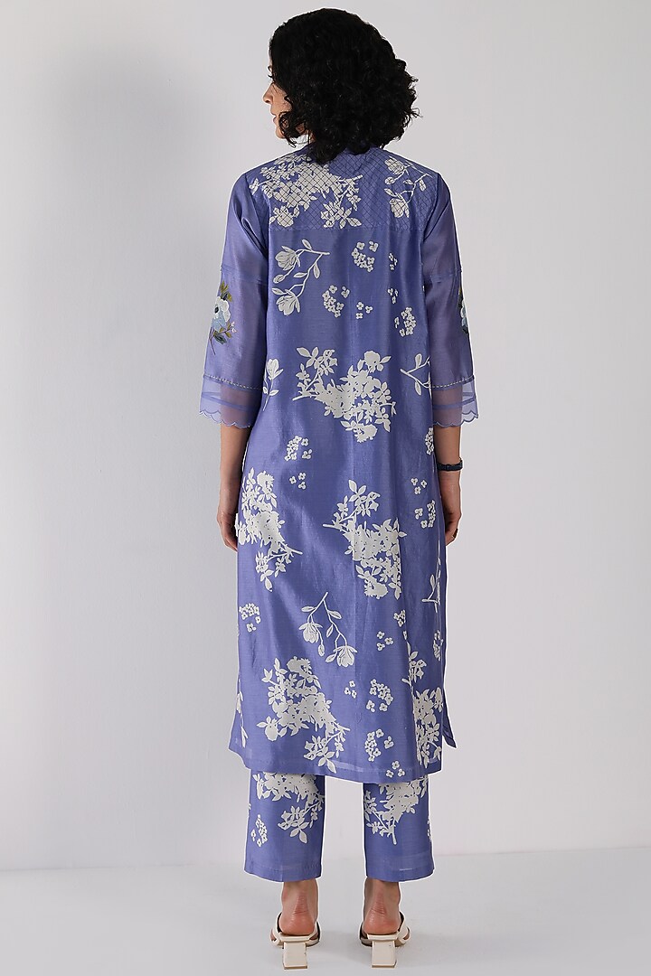 Twilight Blue Silk Chanderi Printed & Embroidered Tunic Set by Arcvsh by Pallavi Singh at Pernia's Pop Up Shop