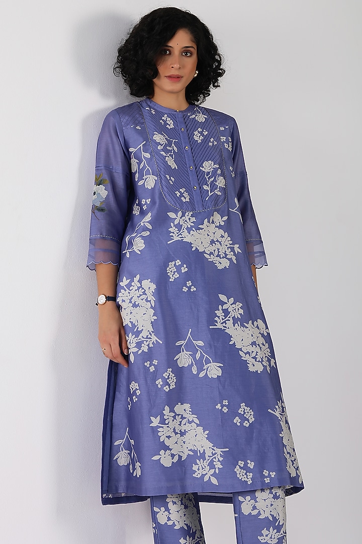Twilight Blue Silk Chanderi Printed & Embroidered Tunic Set by Arcvsh by Pallavi Singh at Pernia's Pop Up Shop