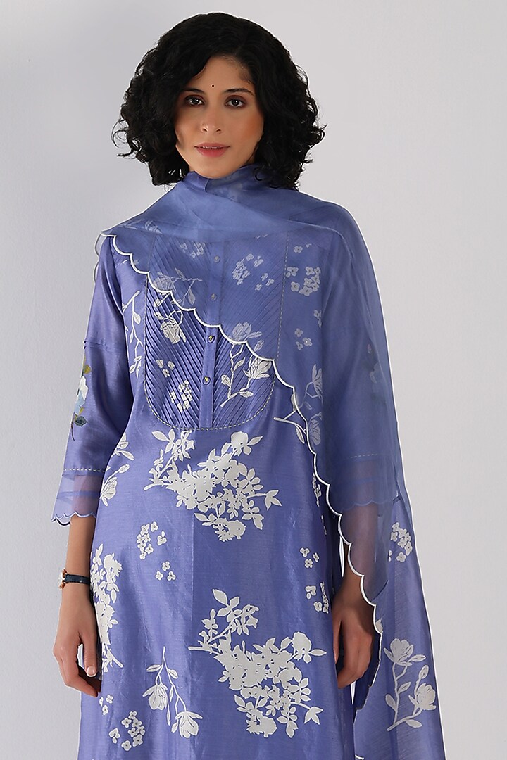 Twilight Blue Silk Chanderi Printed & Embroidered Tunic Set by Arcvsh by Pallavi Singh at Pernia's Pop Up Shop