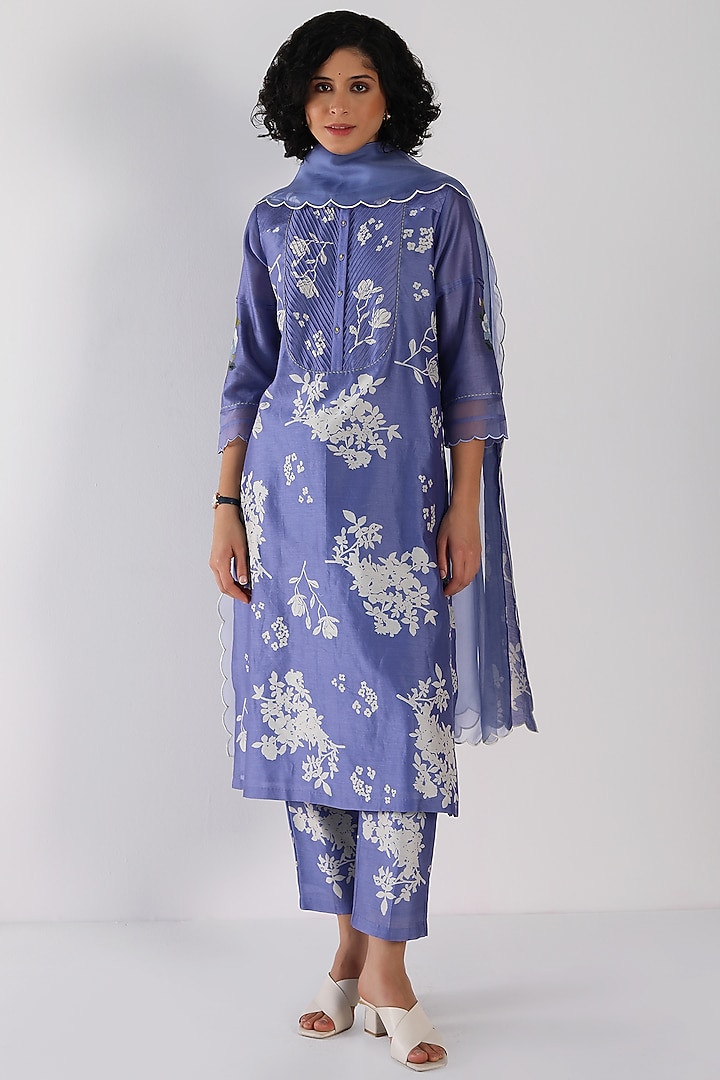 Twilight Blue Silk Chanderi Printed & Embroidered Tunic Set by Arcvsh by Pallavi Singh at Pernia's Pop Up Shop