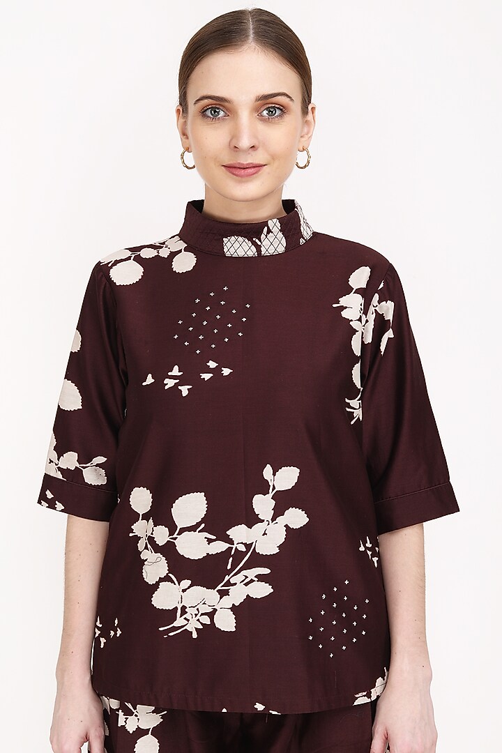 Grape Wine Silk Chanderi Printed Pant Set by Arcvsh by Pallavi Singh at Pernia's Pop Up Shop