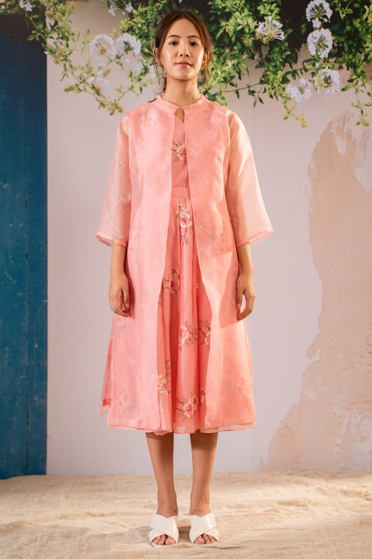 Pink Organza Block Printed Jacket Set by Arcvsh by Pallavi Singh at Pernia's Pop Up Shop