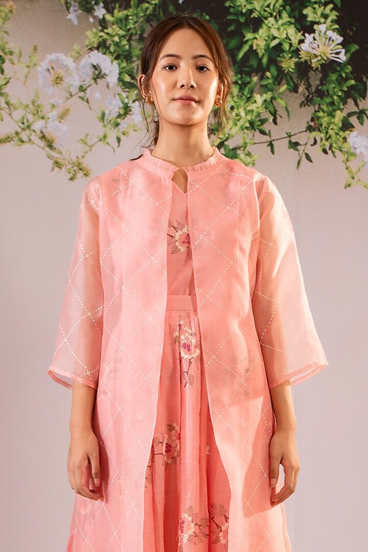 Pink Organza Block Printed Jacket Set by Arcvsh by Pallavi Singh at Pernia's Pop Up Shop