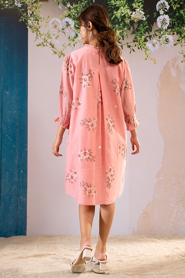 Pink Chanderi Block Printed Pleated Summer Dress by Arcvsh by Pallavi Singh at Pernia's Pop Up Shop
