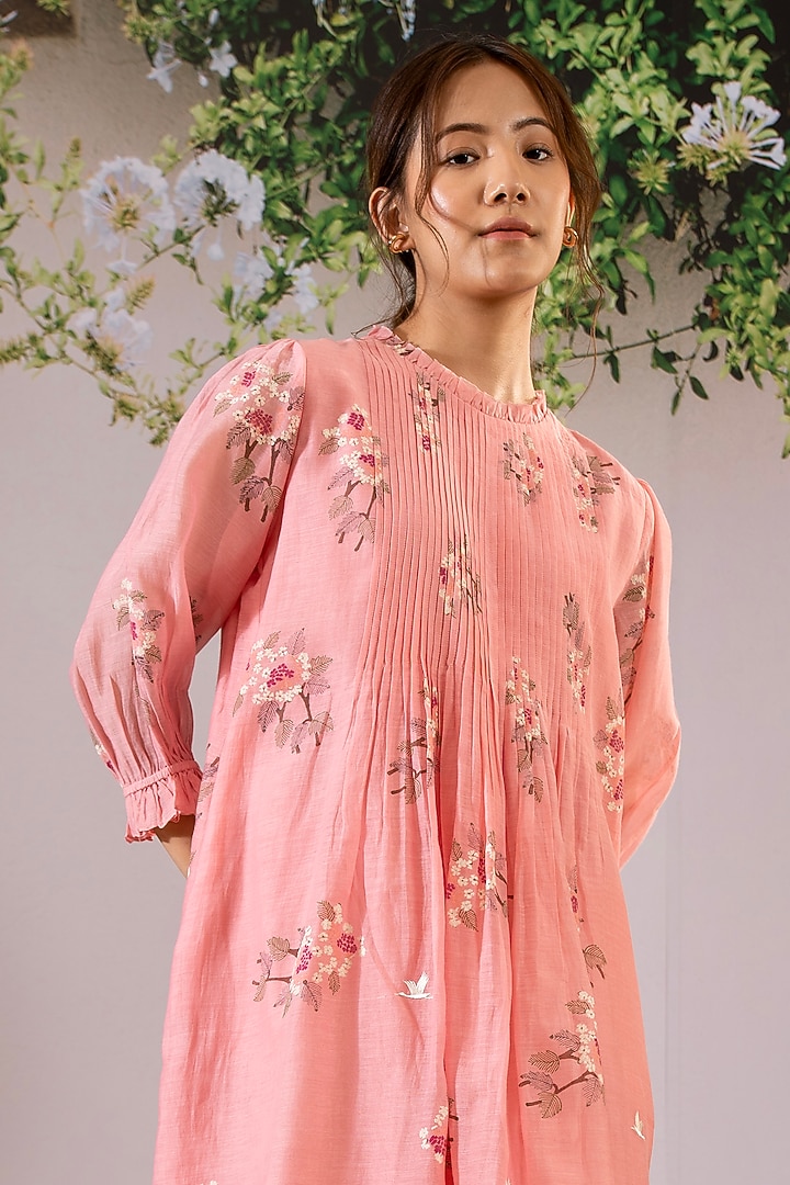 Pink Chanderi Block Printed Pleated Summer Dress by Arcvsh by Pallavi Singh at Pernia's Pop Up Shop
