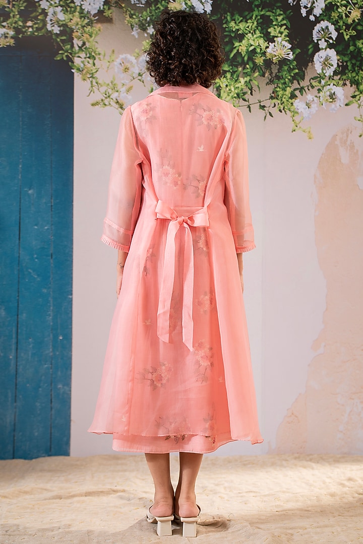 Pink Cotton Chanderi Block Printed Jacket Vacation Dress by Arcvsh by Pallavi Singh at Pernia's Pop Up Shop