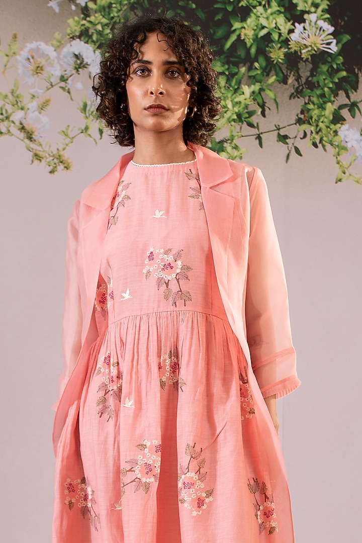 Pink Cotton Chanderi Block Printed Jacket Vacation Dress by Arcvsh by Pallavi Singh at Pernia's Pop Up Shop