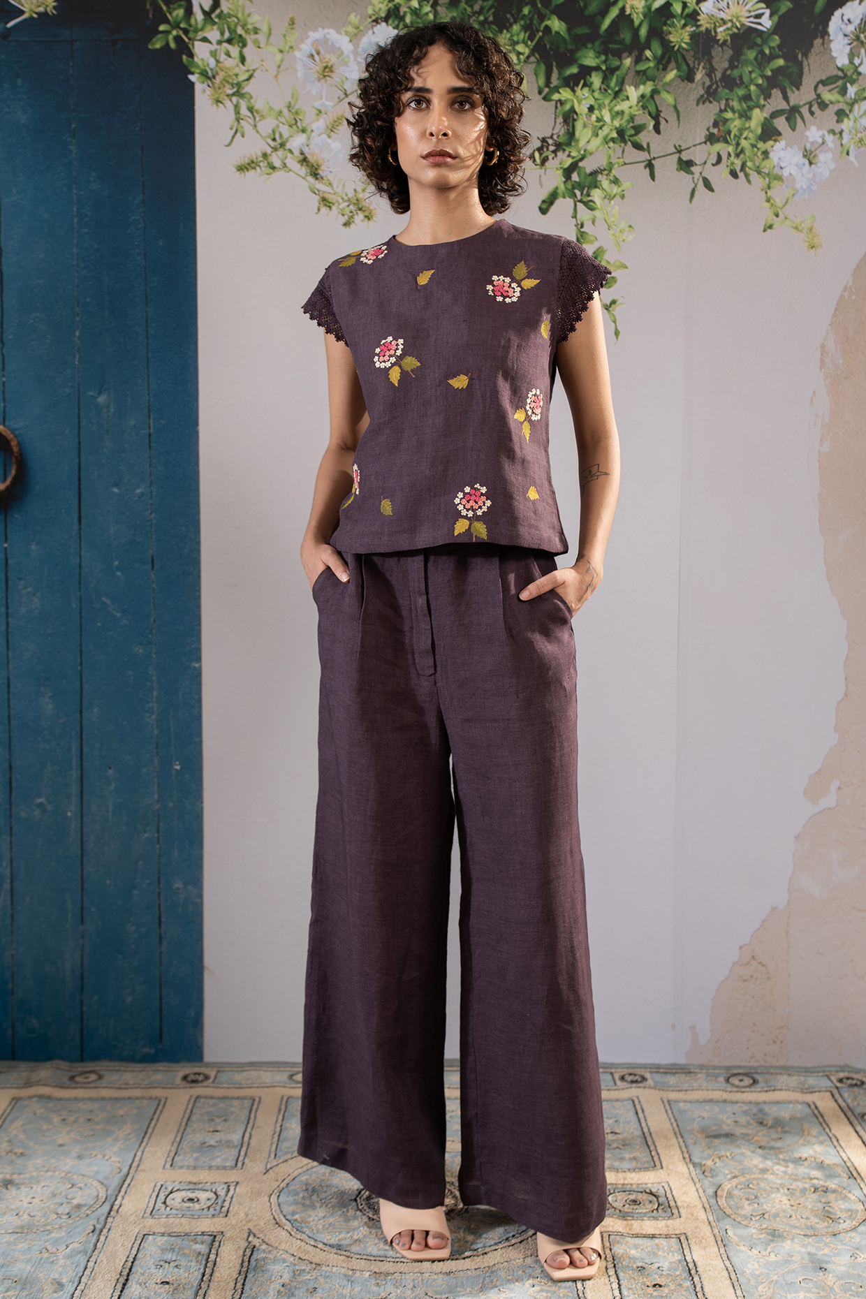 Lavender Linen Block Printed Co-Ord Set by Arcvsh by Pallavi Singh at Pernia's Pop Up Shop
