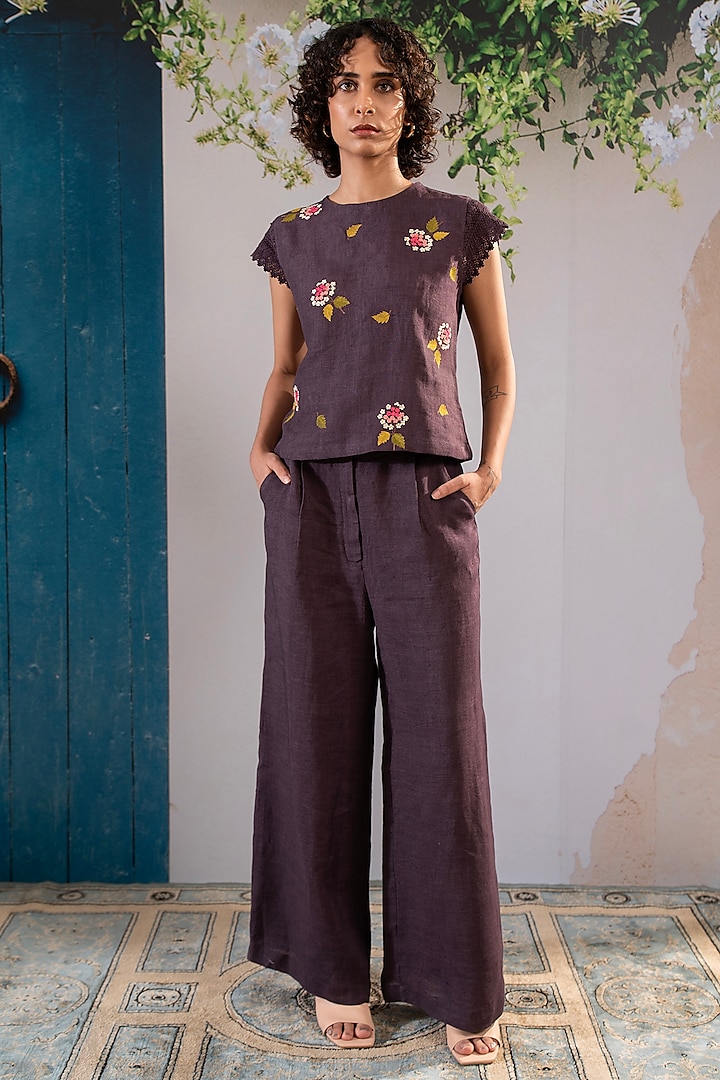 Lavender Linen Block Printed Co-Ord Set by Arcvsh by Pallavi Singh at Pernia's Pop Up Shop