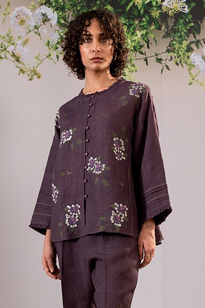 Lavender Linen Block Printed Co-Ord Set by Arcvsh by Pallavi Singh at Pernia's Pop Up Shop