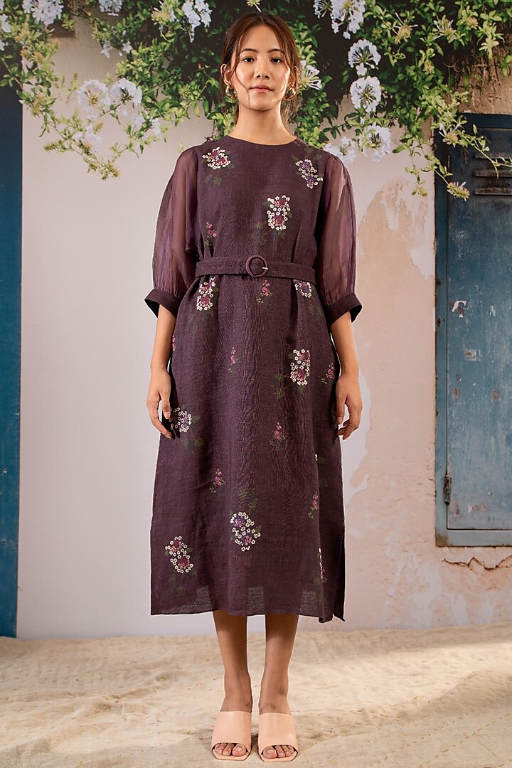 Lavender Linen Block Printed Dress With Belt by Arcvsh by Pallavi Singh