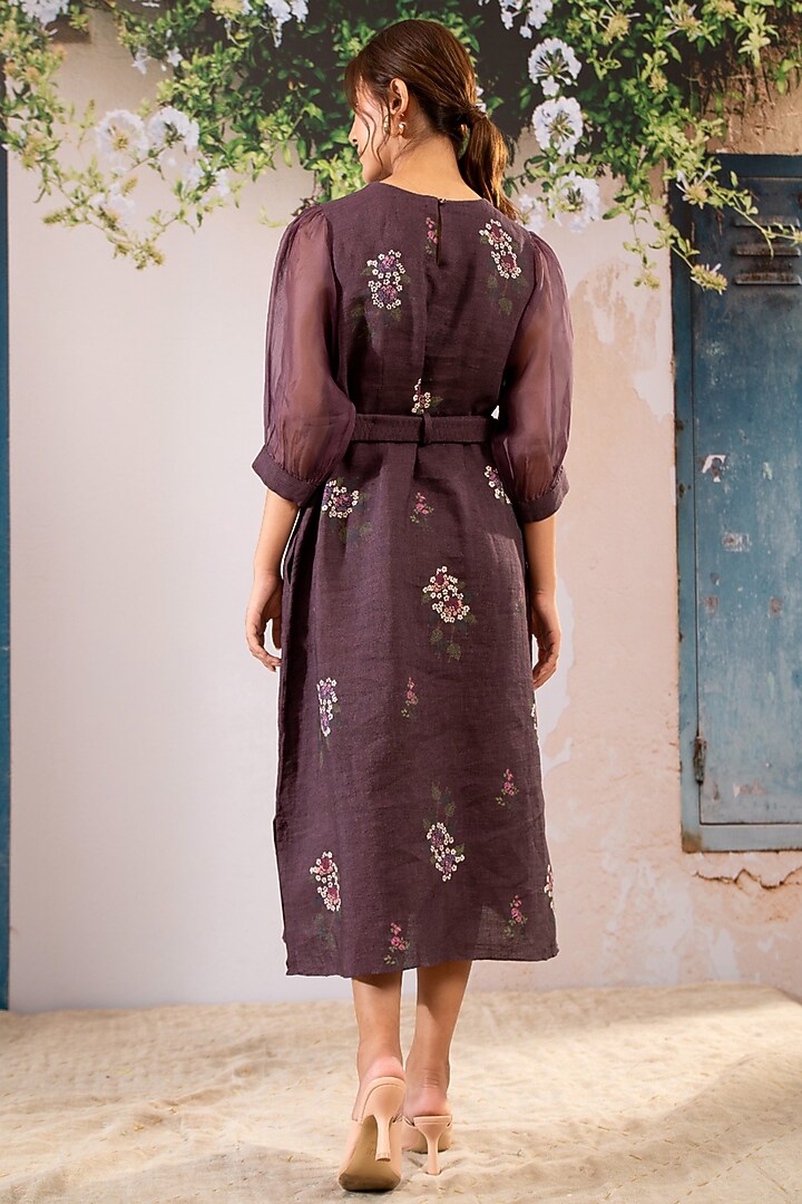 Lavender Linen Block Printed Vacation Dress With Belt by Arcvsh by Pallavi Singh at Pernia's Pop Up Shop