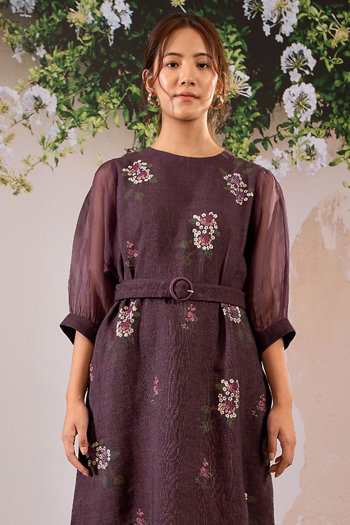 Lavender Linen Block Printed Vacation Dress With Belt by Arcvsh by Pallavi Singh at Pernia's Pop Up Shop