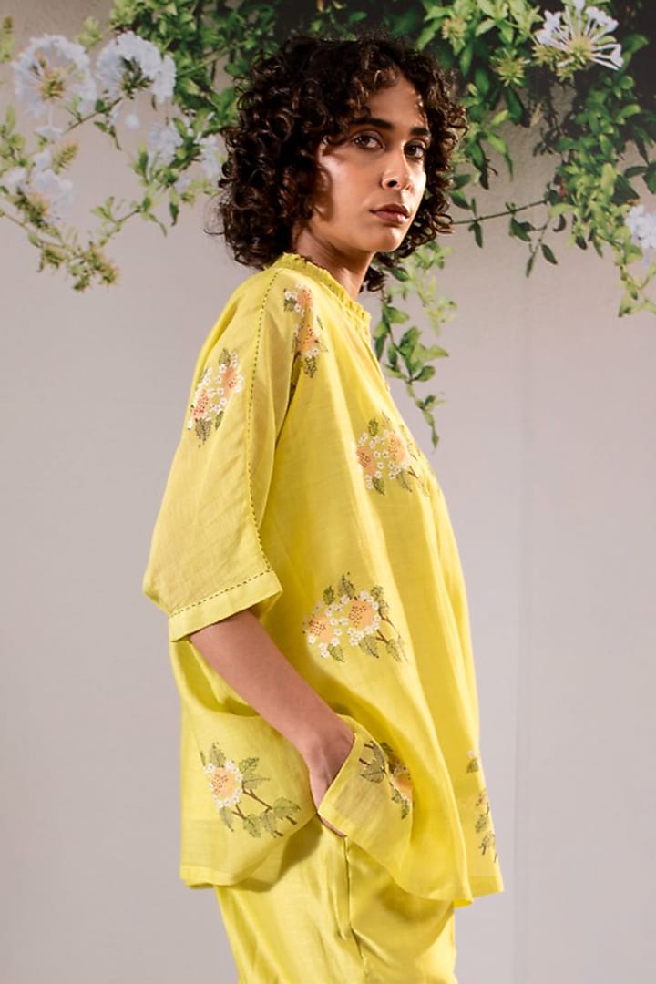 Lemon Yellow Silk Chanderi Block Printed Co-Ord Set by Arcvsh by Pallavi Singh at Pernia's Pop Up Shop