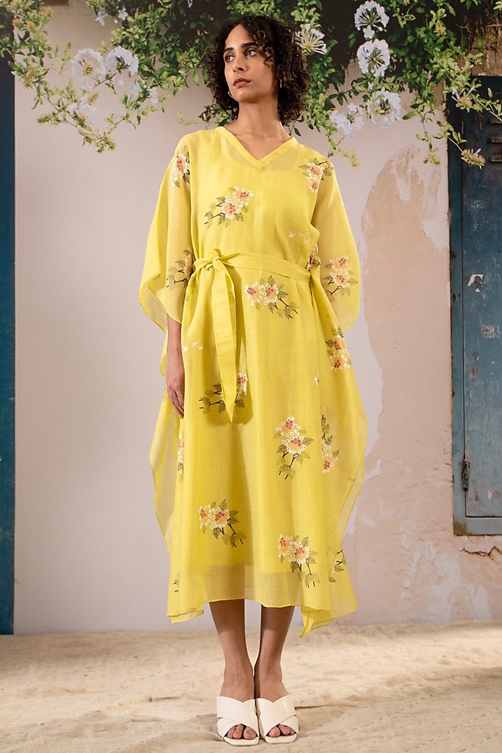 Lemon Yellow Cotton Chanderi Block Printed Kaftan by Arcvsh by Pallavi Singh at Pernia's Pop Up Shop