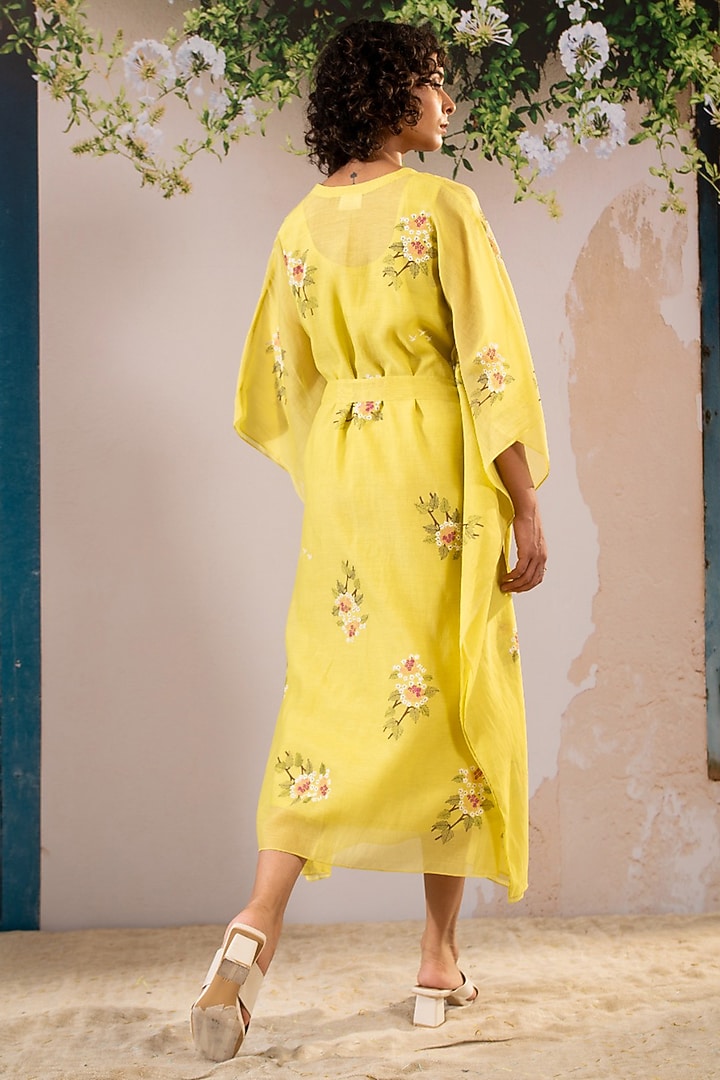 Lemon Yellow Cotton Chanderi Block Printed Kaftan by Arcvsh by Pallavi Singh at Pernia's Pop Up Shop