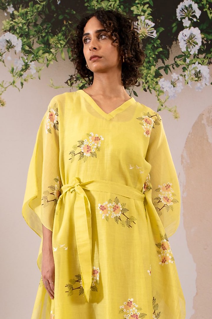 Lemon Yellow Cotton Chanderi Block Printed Kaftan by Arcvsh by Pallavi Singh at Pernia's Pop Up Shop