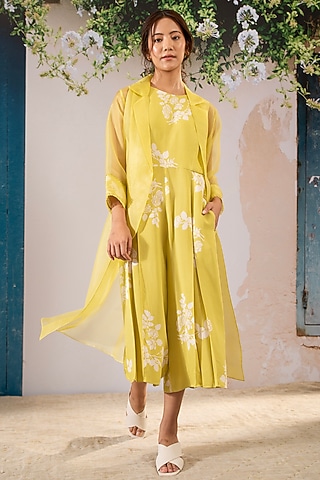 Lemon Yellow Bemberg Printed Jumpsuit With Jacket by Arcvsh by Pallavi Singh