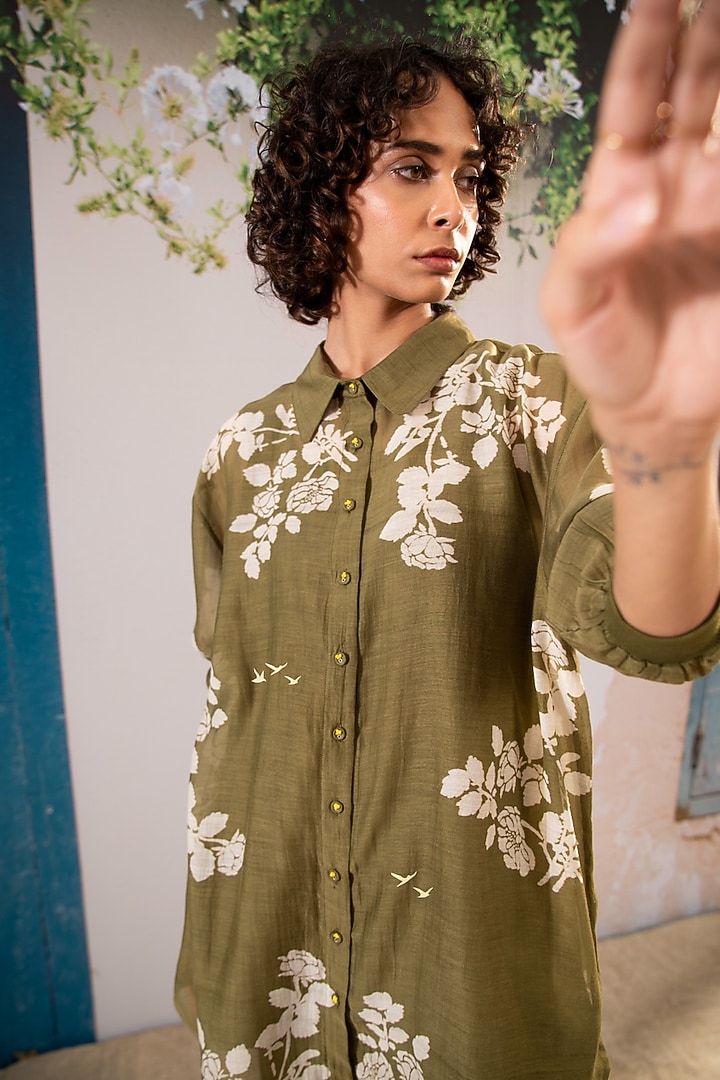 Olive Silk Chanderi Printed Co-Ord Set by Arcvsh by Pallavi Singh at Pernia's Pop Up Shop