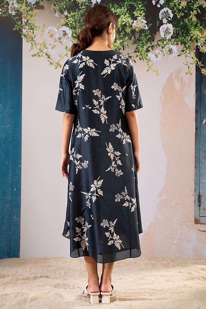 Indigo Silk Chanderi Printed Summer Shirt Dress With Belt by Arcvsh by Pallavi Singh at Pernia's Pop Up Shop