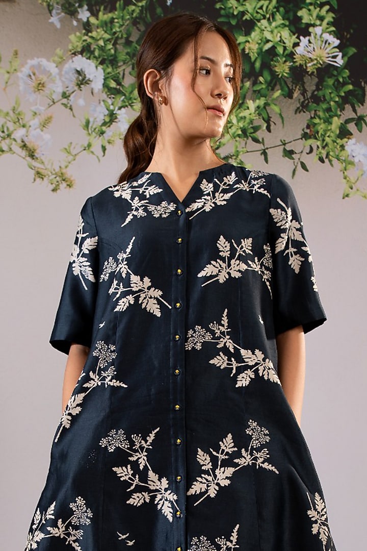 Indigo Silk Chanderi Printed Summer Shirt Dress With Belt by Arcvsh by Pallavi Singh at Pernia's Pop Up Shop