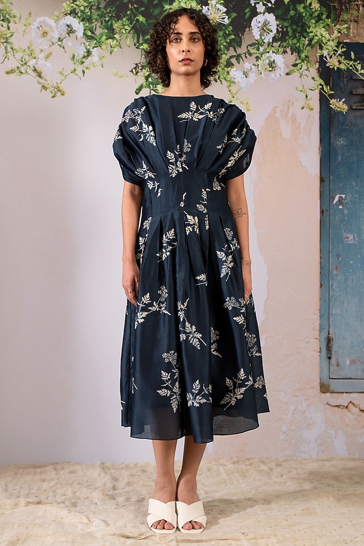 Indigo Silk Chanderi Printed Pleated Summer Dress by Arcvsh by Pallavi Singh at Pernia's Pop Up Shop