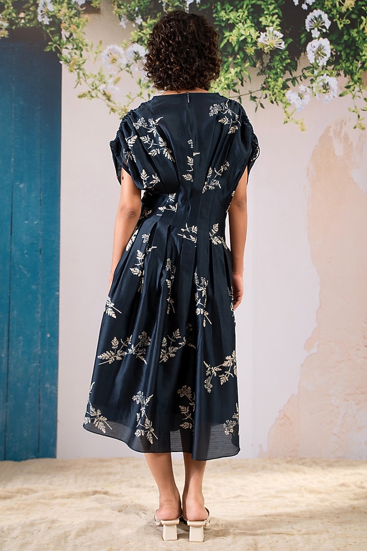 Indigo Silk Chanderi Printed Pleated Summer Dress by Arcvsh by Pallavi Singh at Pernia's Pop Up Shop