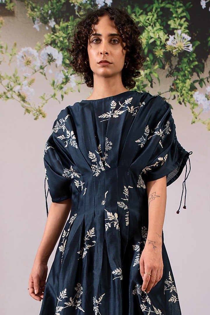 Indigo Silk Chanderi Printed Pleated Summer Dress by Arcvsh by Pallavi Singh at Pernia's Pop Up Shop