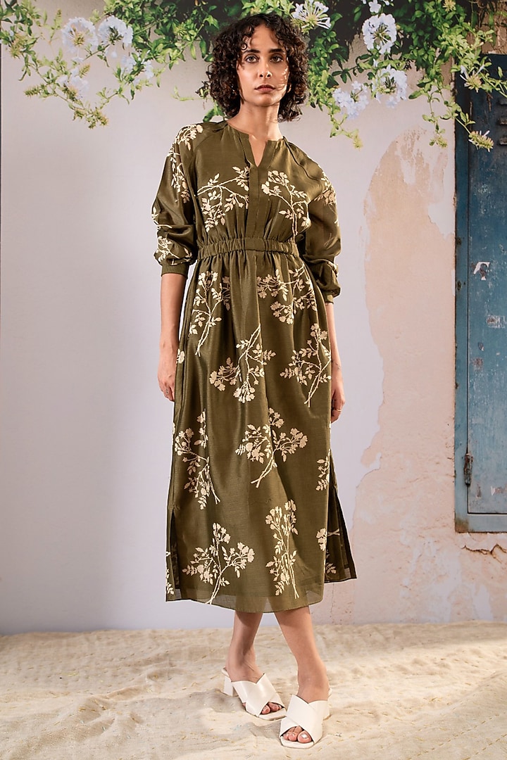 Olive Silk Chanderi Printed Dress by Arcvsh by Pallavi Singh