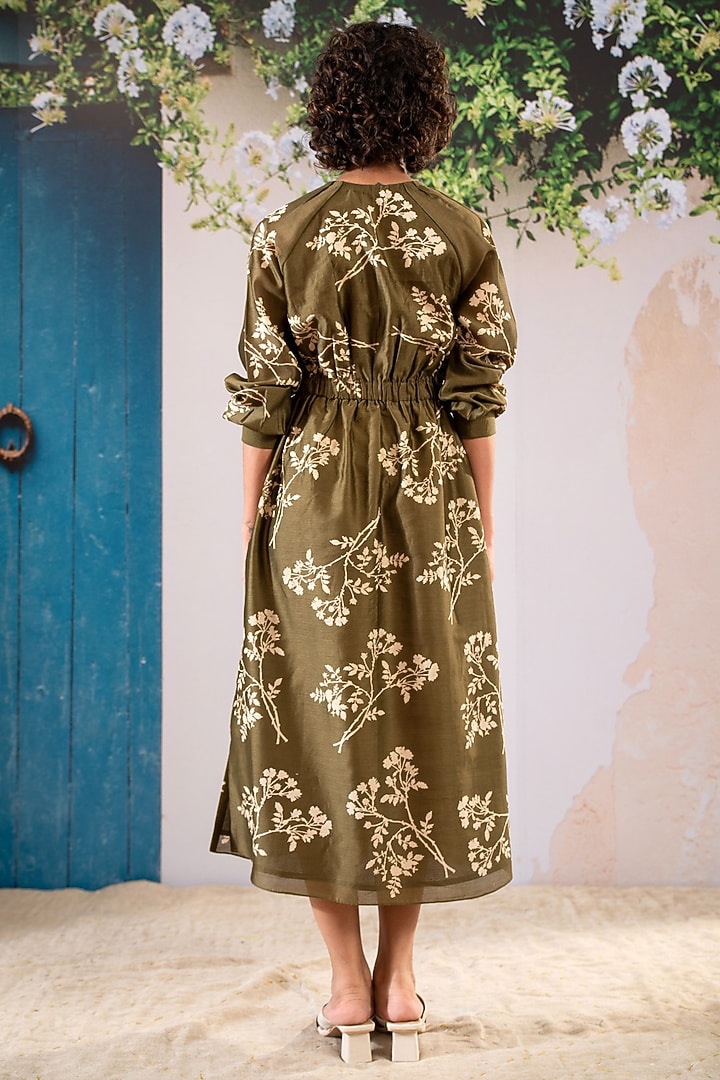 Olive Silk Chanderi Printed Summer Dress by Arcvsh by Pallavi Singh at Pernia's Pop Up Shop