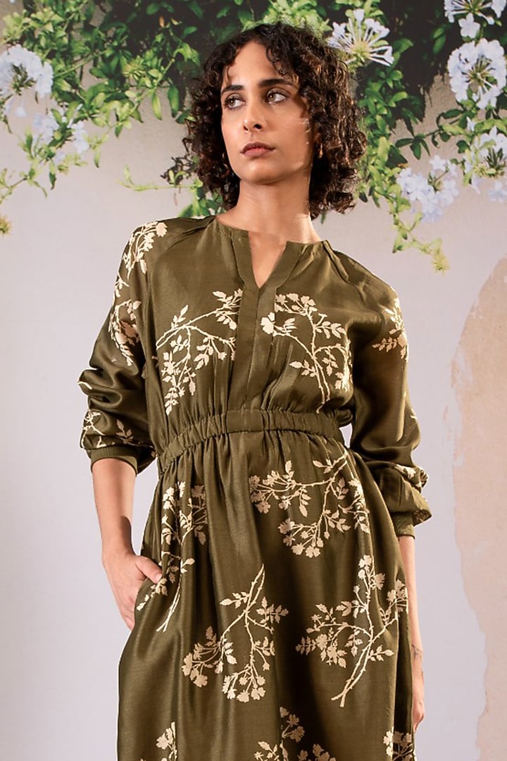 Olive Silk Chanderi Printed Summer Dress by Arcvsh by Pallavi Singh at Pernia's Pop Up Shop