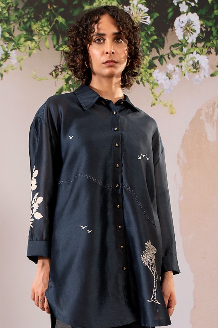 Indigo Silk Chanderi Printed Co-Ord Set by Arcvsh by Pallavi Singh at Pernia's Pop Up Shop