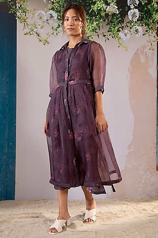 Lavender Linen Digital Printed Jacket Dress by Arcvsh by Pallavi Singh