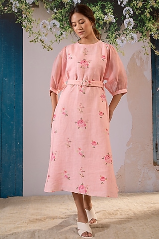 Pink Linen Digital Printed Dress With Belt by Arcvsh by Pallavi Singh