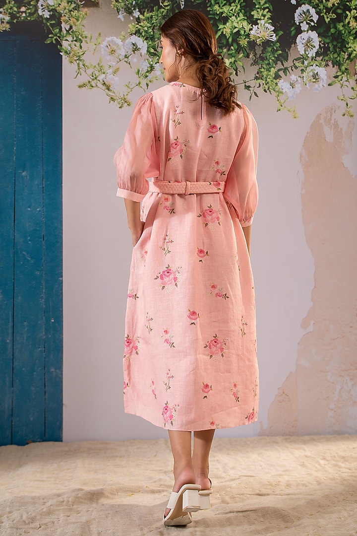Pink Linen Digital Printed Summer Dress With Belt by Arcvsh by Pallavi Singh at Pernia's Pop Up Shop