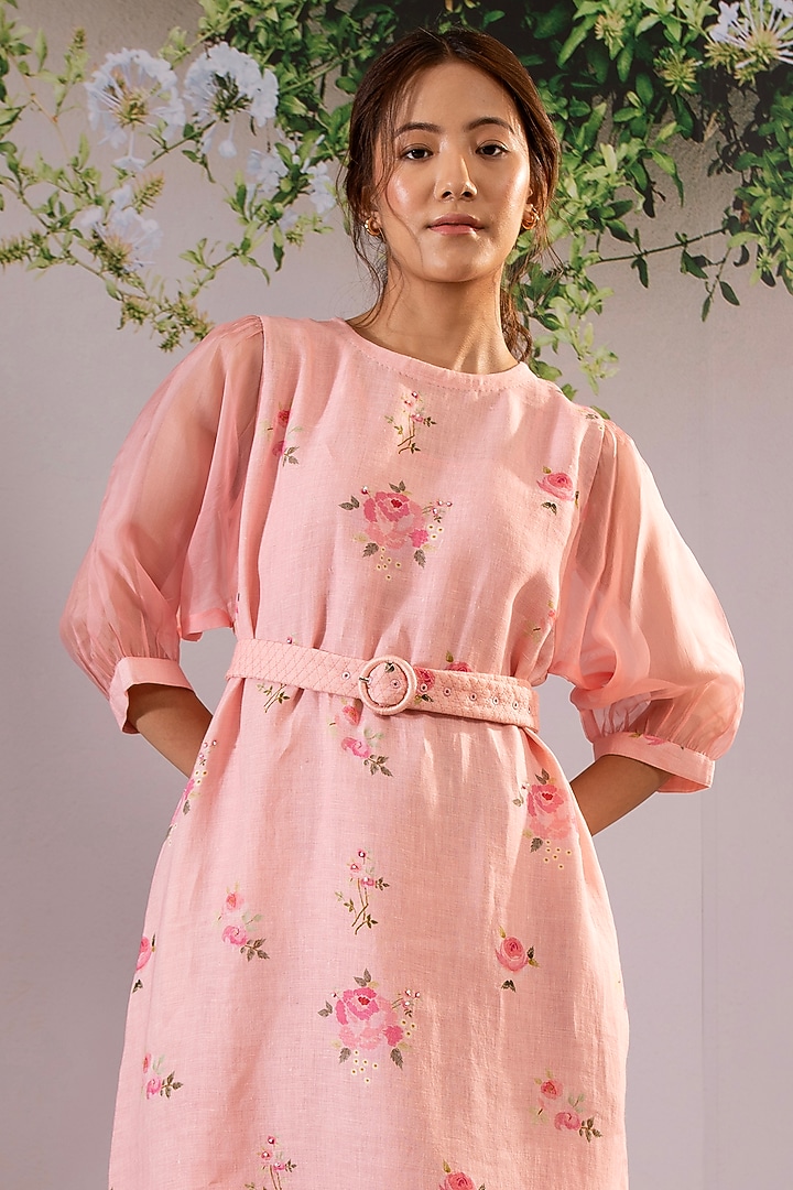 Pink Linen Digital Printed Summer Dress With Belt by Arcvsh by Pallavi Singh at Pernia's Pop Up Shop